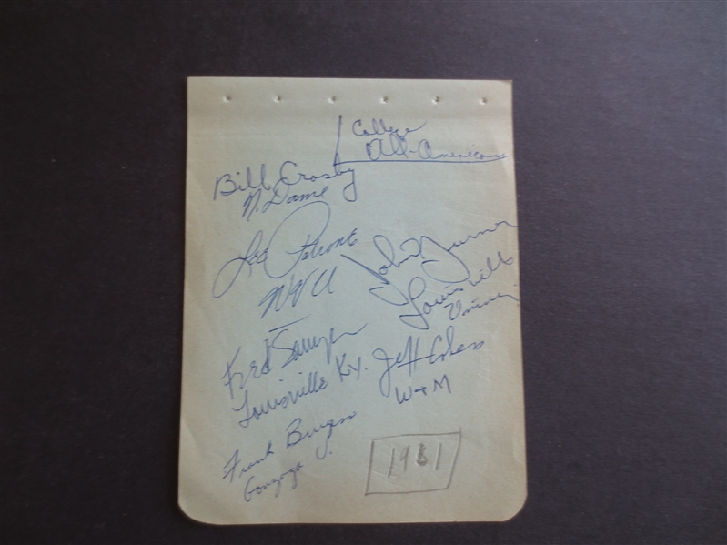 Autographed 1960-61 College All-Americans Basketball Signed Sheet including Jeff Cohen who played in the ABL 