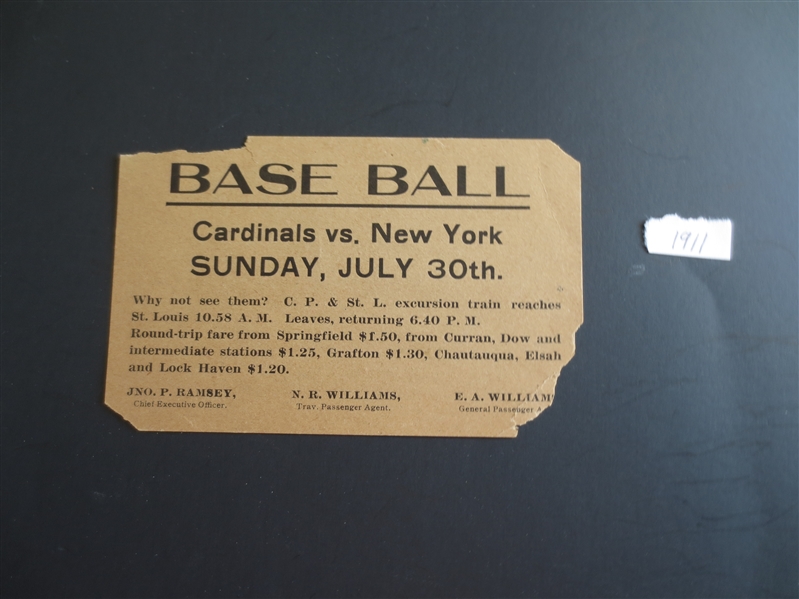 July 30, 1911 Baseball Railroad Ad St. Louis Cardinals vs. New York Giants  3.5 x 5.5