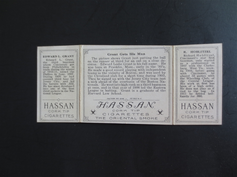 1912 T202 Hassan Triple Folder Grant Gets His Man (Grant, Hoblitzel) Baseball Card in Great Shape but Looks Miscut