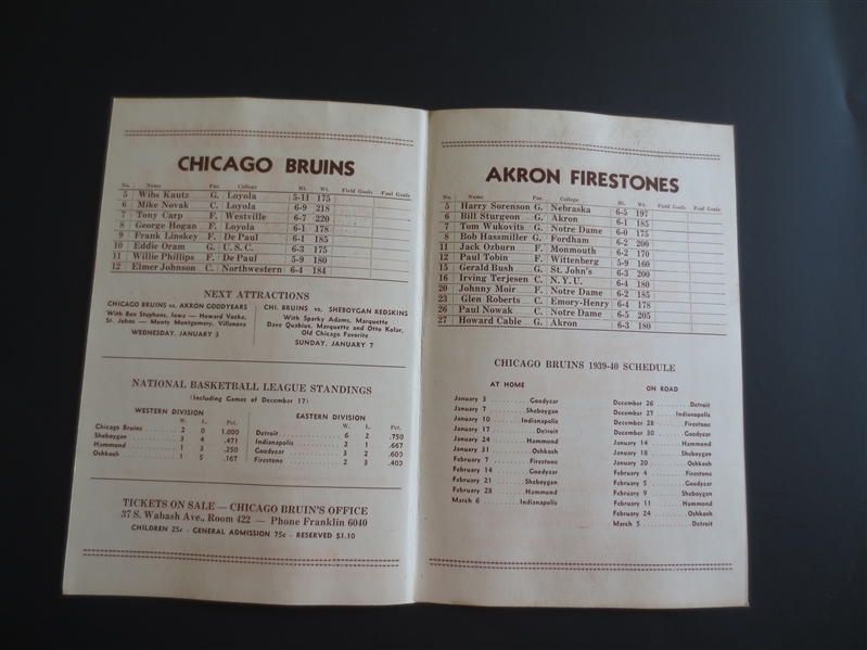 1939 Akron Firestone at Chicago Bruins Pro NBL Basketball Program Scorecard   RARE!