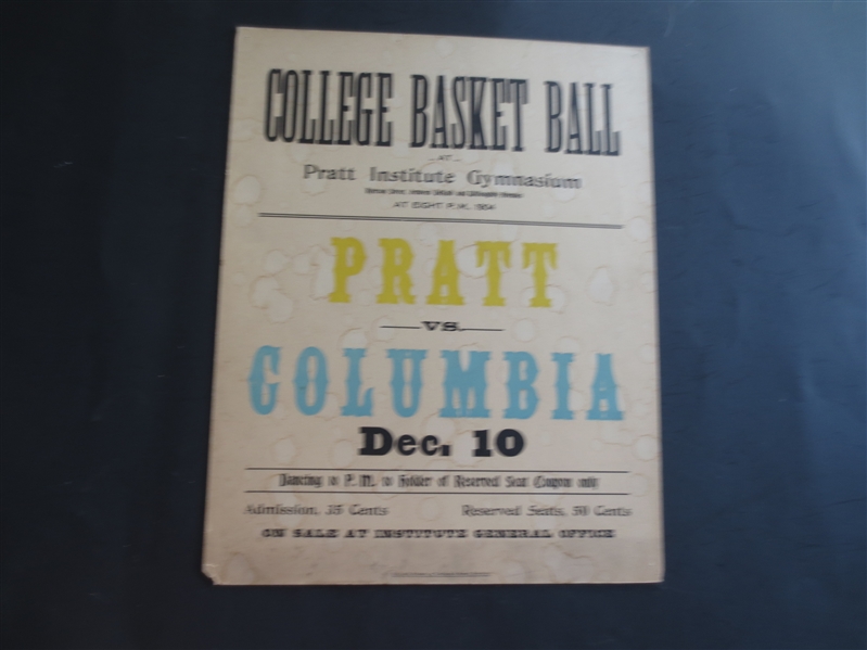 December 10, 1904 Columbia vs. Pratt Institute College Basket Ball Broadside  11 x 14 Neat!