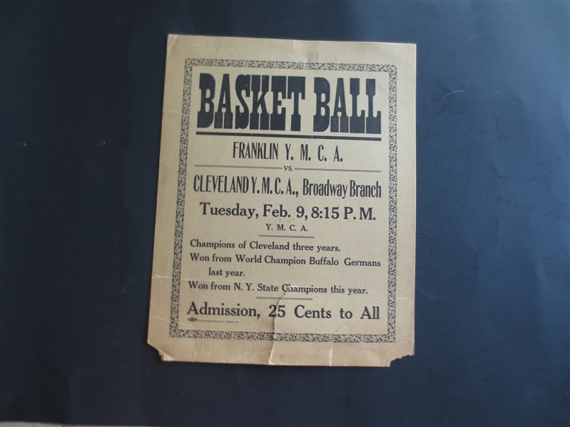 1915 Cleveland YMCA Pro Basketball Broadside Advertising Game and Stating that they Beat the World Champion Buffalo Germans  14 x 11  WOW!