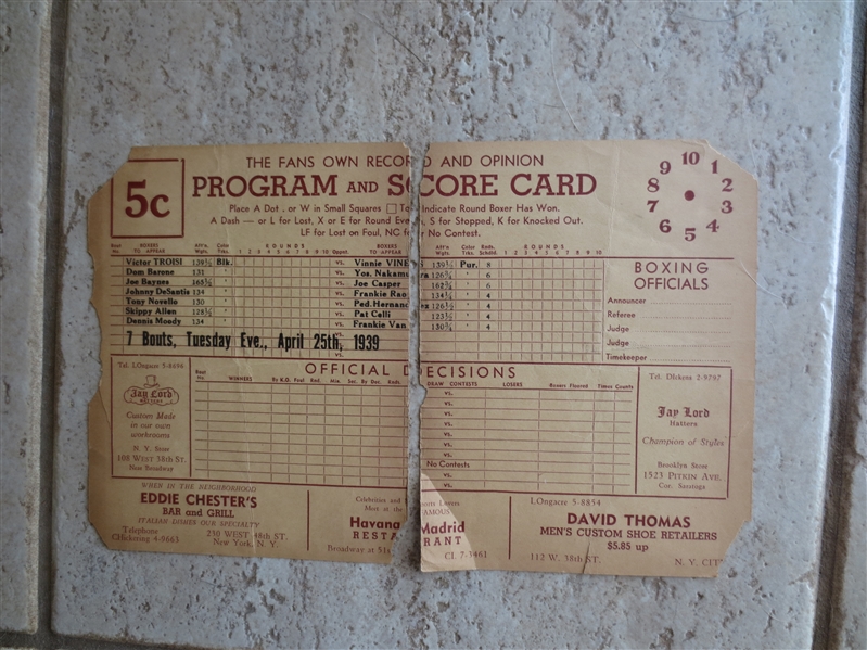 April 25, 1939 Boxing Program Scorecard at County Center White Plains, New York