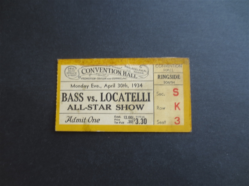 April 30, 1934 Boxing Ticket Benny Bass vs. Locatelli All Star Show at Philadelphia Convention Hall