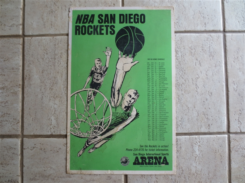 1967-68 1st Year San Diego Rockets NBA Basketball Large Cardboard Schedule Advertising 22 x 13  WOW!