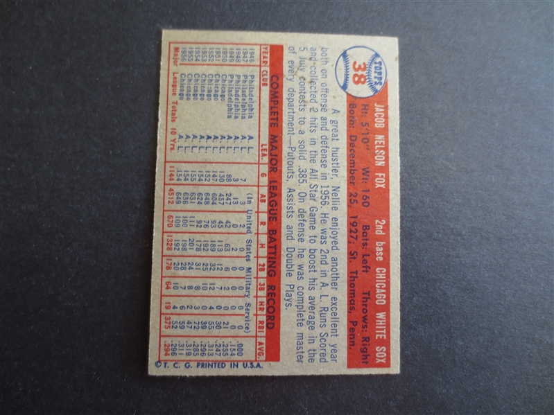 1957 Topps Nellie Fox Baseball Card #38 in Beautiful Shape!  Hall of Famer