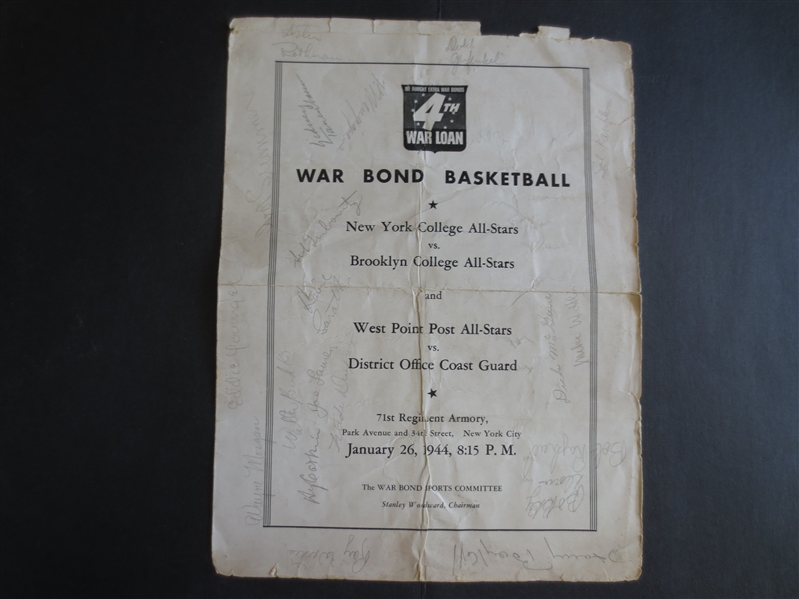 Autographed 1944 War Bond Basketball Program Signed by Joe Lapchick HOFer and others!