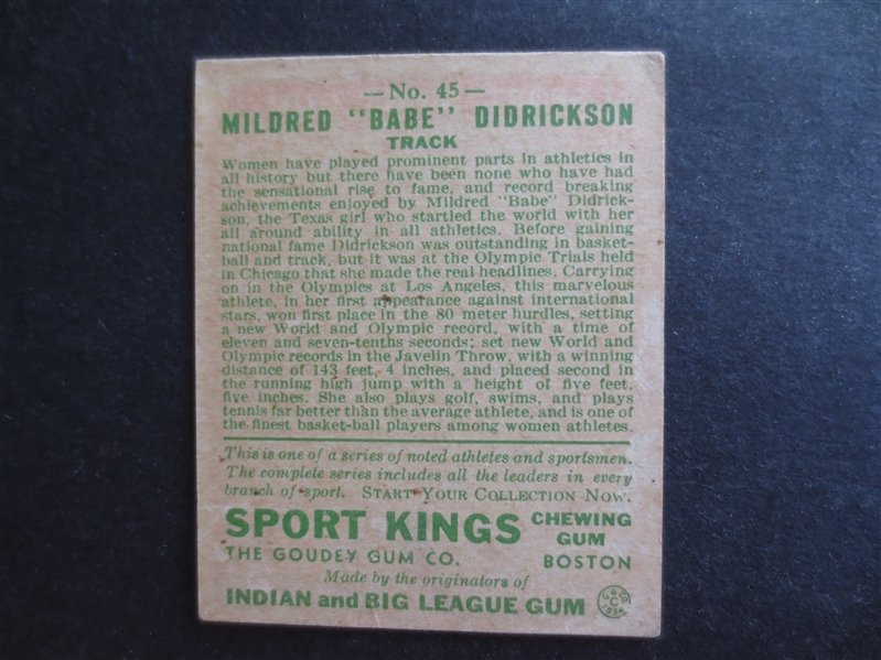 1933 Sport Kings Goudey Babe Didrickson Track Card