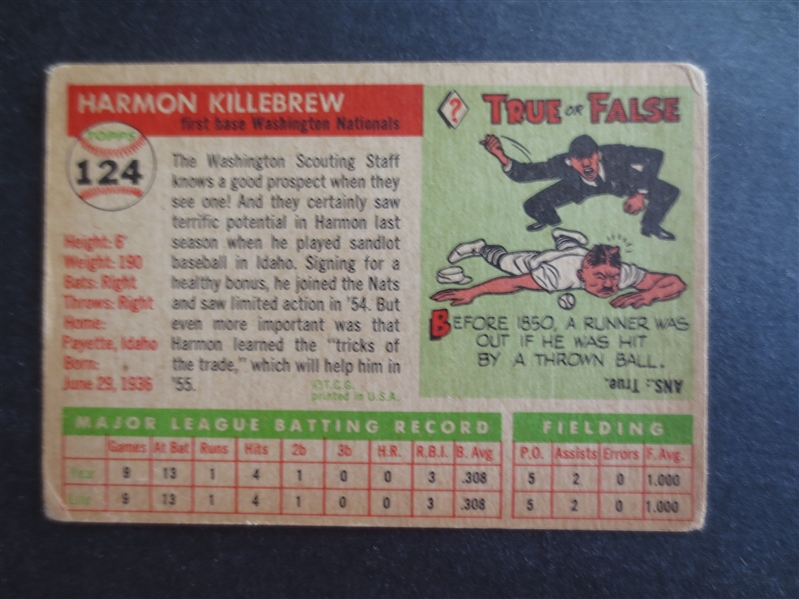 1955 Topps Harmon Killebrew Rookie Baseball Card #124 in affordable condition with nice color and no creases!  !  Hall of Famer