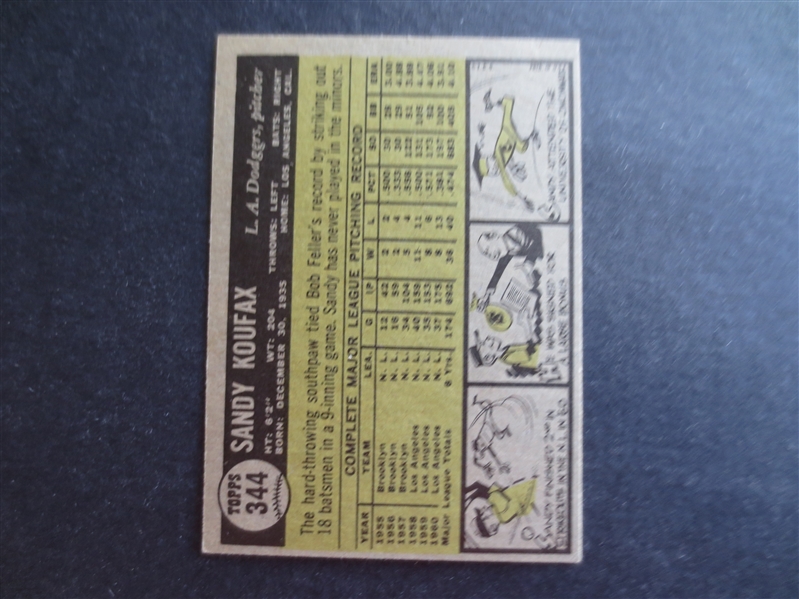 1961 Topps Sandy Koufax Baseball Card #344 in Beautiful Shape but off-center