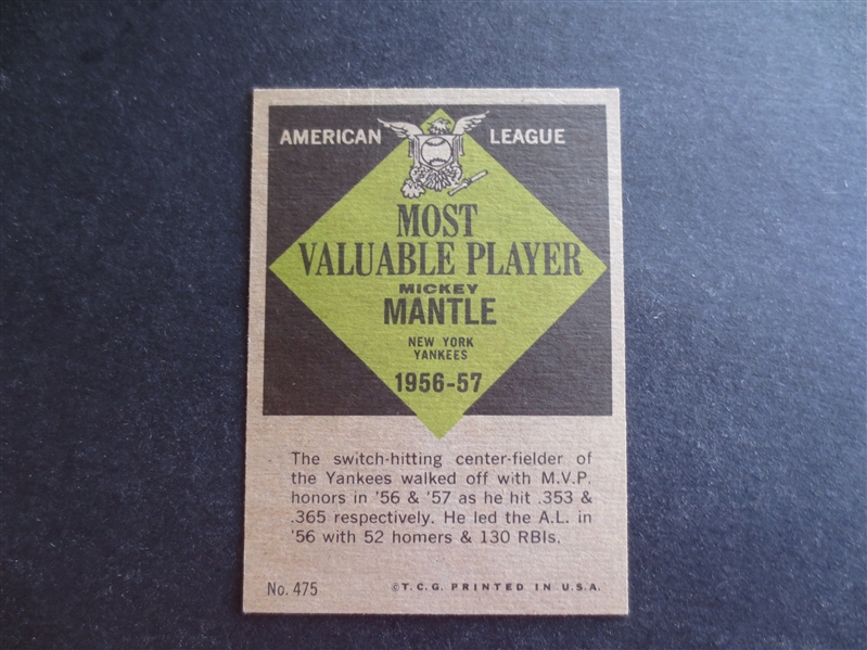 1961 Topps Mickey Mantle MVP Baseball Card #475 in Great Shape!