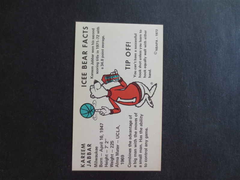 1972 Icee Bear Kareem Jabbar Basketball Card in Great Shape!