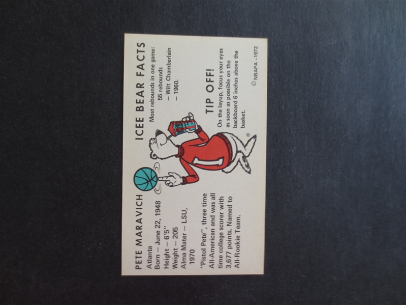 1972 Icee Bear Pete Maravich Basketball Card in Great Shape!