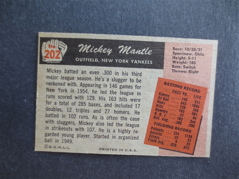 1955 Bowman Mickey Mantle Baseball Card in Beautiful Condition #202  WOW!!!