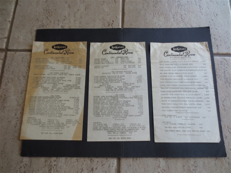 1947 Kid Kaplan's Continental Room Dinner Menus  Famous Jewish Boxer