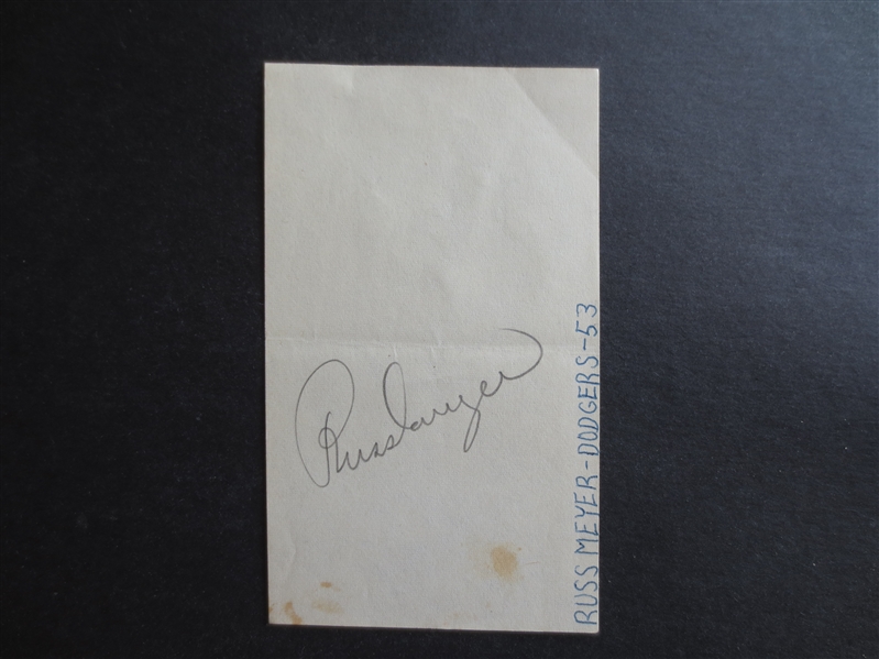 Autographed Russ Meyer Jewish Brooklyn Dodgers 1950's Baseball Pitcher 3 x 5 Card