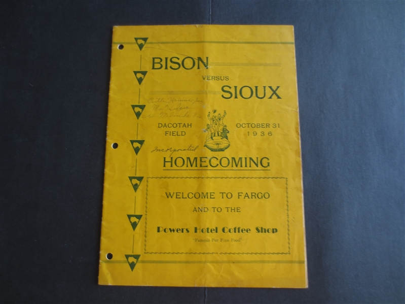 1936 North Dakota University vs. North Dakota State Football Program with Fritz Pollard, Jr. BLACK Bronze Medal Winner 1936 Hitler Olympics