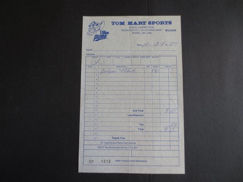 1984 Customer Receipt from Tom Hart San Francisco 49ers Shoe Store in California