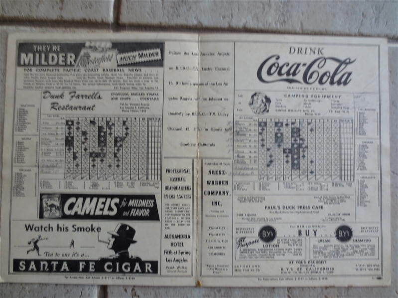 Autographed 1949 San Diego Padres at Los Angeles Angels PCL Baseball Scorecard Program with 4 signatures including Jimmie Reese and Max West