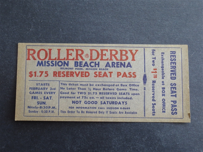 1933 Early Roller Derby Ticket Mission Beach Arena San Diego  RARE