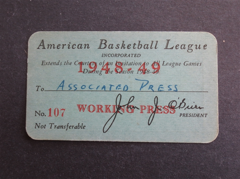 1948-49 ABL Basketball Pass for the Associated Press with John J. O'Brien as President  WOW!