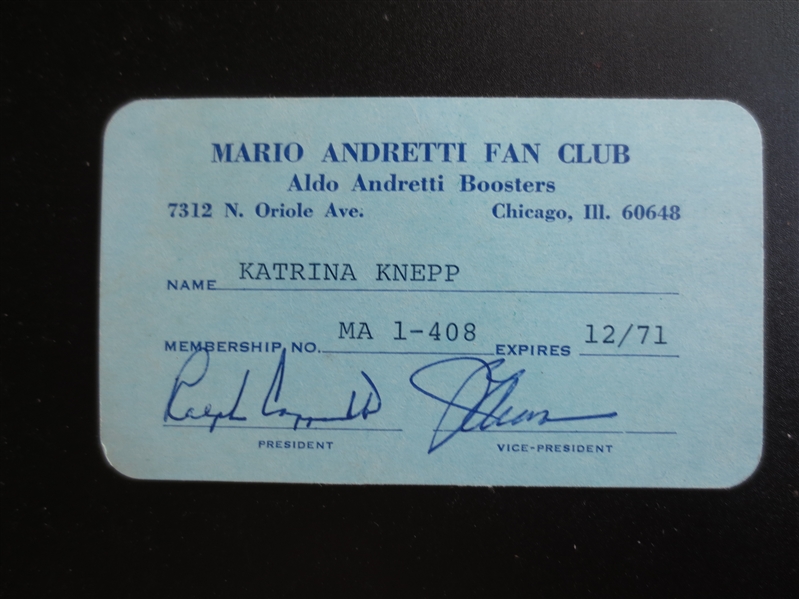 1971 Mario Andretti Fan Club Auto Racing Membership Card