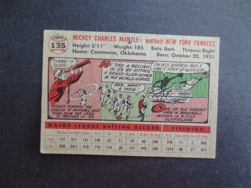 1956 Topps Mickey Mantle Baseball Card #135 in Nice Shape and Centered