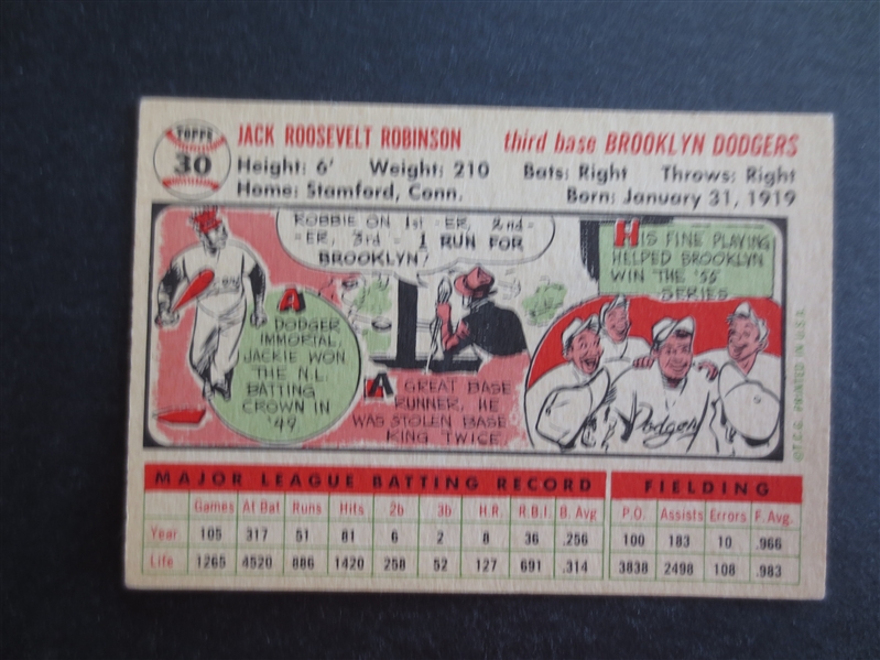 1956 Topps Jackie Robinson Baseball Card #30 in very nice shape!