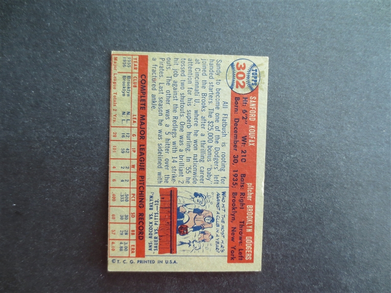 1957 Topps Sandy Koufax Baseball Card in Great Shape and Centered!