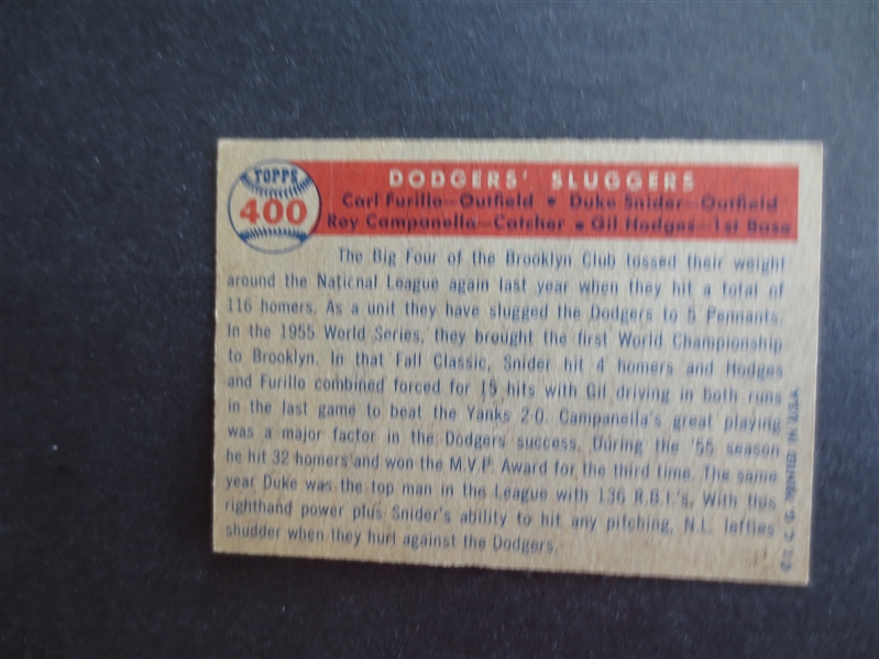 1957 Topps Dodgers' Sluggers Snider Hodges Campanella Baseball Card #400 in Great Shape