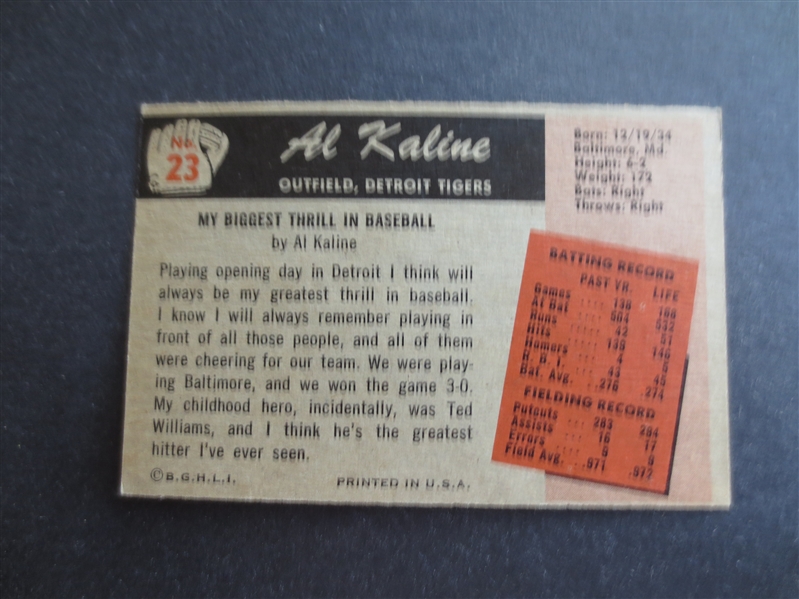 1955 Bowman Al Kaline Baseball Card #23 in Beautiful Condition  Hall of Famer