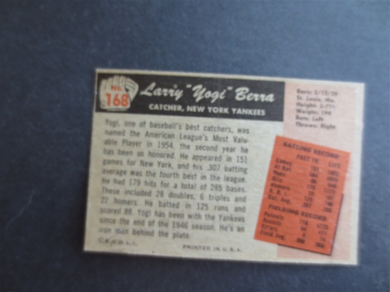 1955 Bowman Yogi Berra Baseball Card #168 in Beautiful Condition