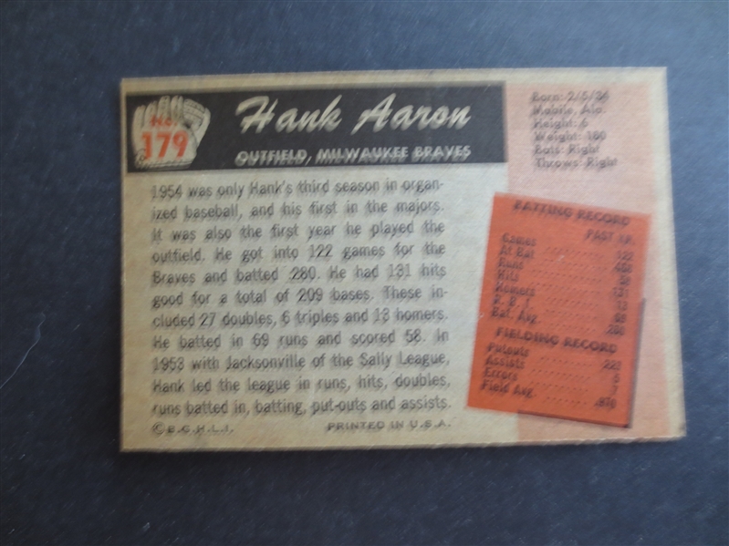 1955 Bowman Hank Aaron Baseball Card #179 in Beautiful Condition!