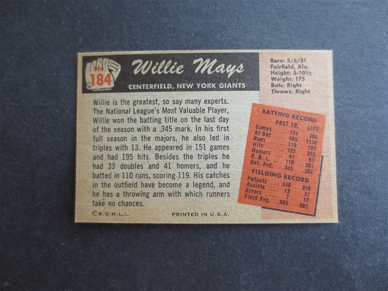 1955 Bowman Willie Mays Baseball Card #184 in Beautiful Shape!