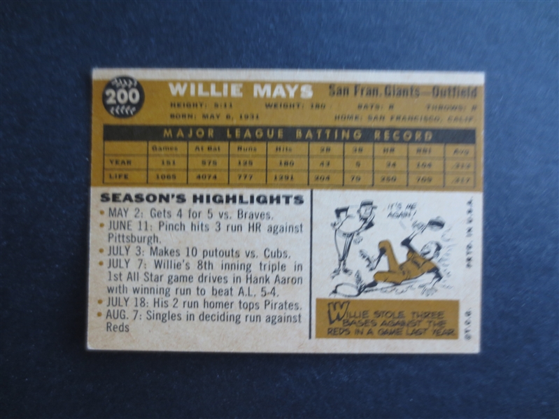 1960 Topps Willie Mays Baseball Card #200 in Beautiful Condition                  SK