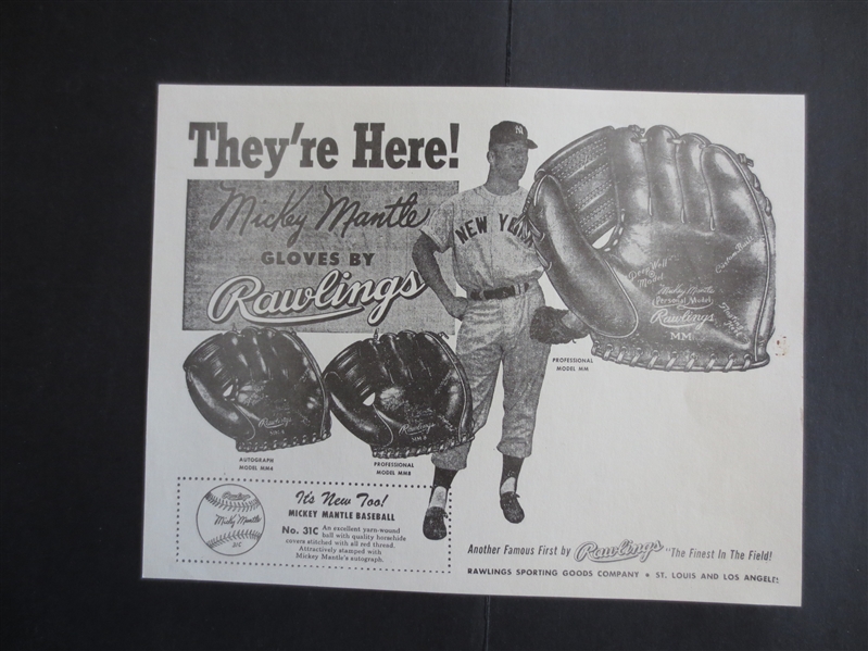 1950's Mickey Mantle Rawliings Baseball Glove Advertising Premium Broadside  RARE!