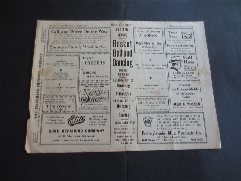 1921 Eastern League Pro Basketball Advertising Flier Playbill  Harrisburg vs. Philadelphia and Reading