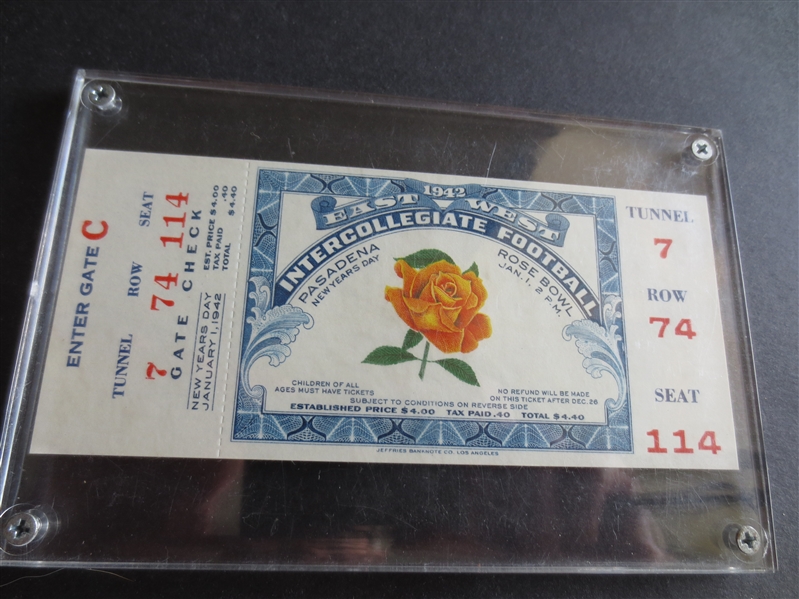 1942 Phantom Rose Bowl FULL Ticket at Pasadena---Game was moved to North Carolina    NEAT!