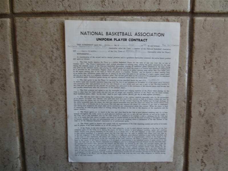 Autographed Gary Bradds 1965 NBA Baltimore Bullets Basketball Contract signed by Bradds and Hall of Famer Buddy Jeannette