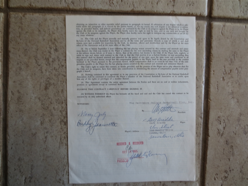 Autographed Gary Bradds 1965 NBA Baltimore Bullets Basketball Contract signed by Bradds and Hall of Famer Buddy Jeannette