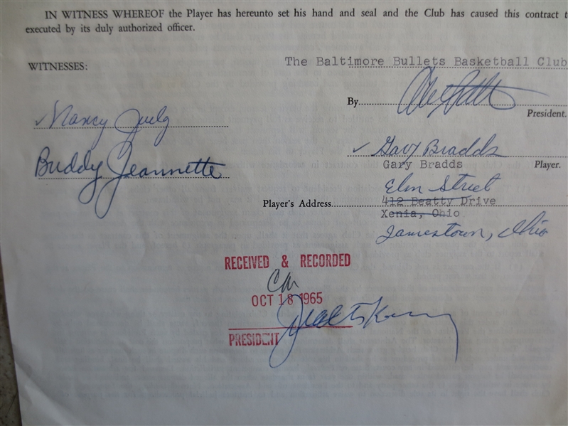 Autographed Gary Bradds 1965 NBA Baltimore Bullets Basketball Contract signed by Bradds and Hall of Famer Buddy Jeannette