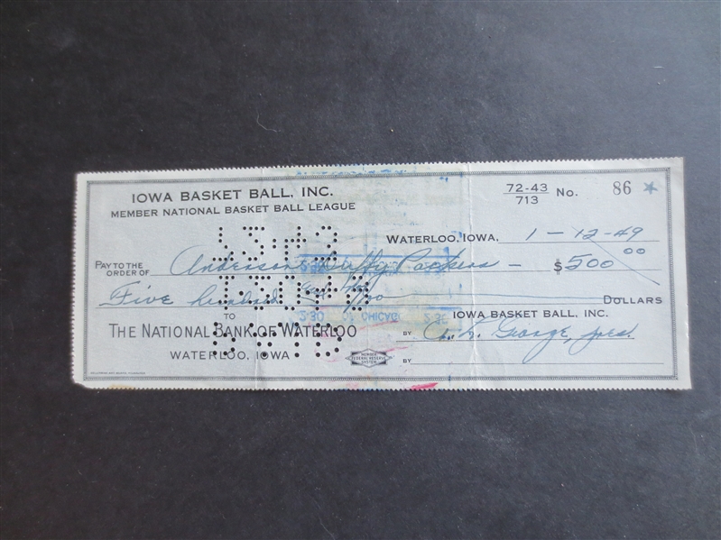 Autographed 1949 NBL Basketball Check Between Anderson Duffy Packers and Waterloo, Iowa Hawks