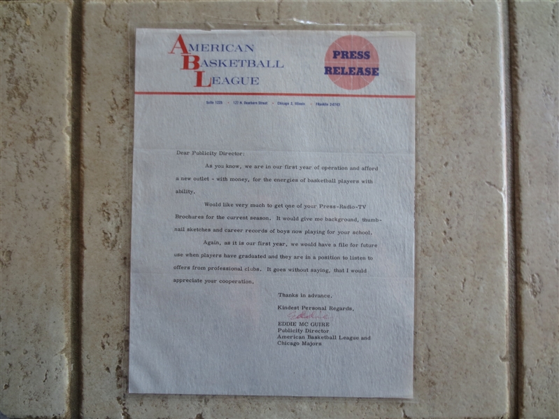 Autographed 1961 ABL American Basketball League Chicago Majors Press Release   WOW!