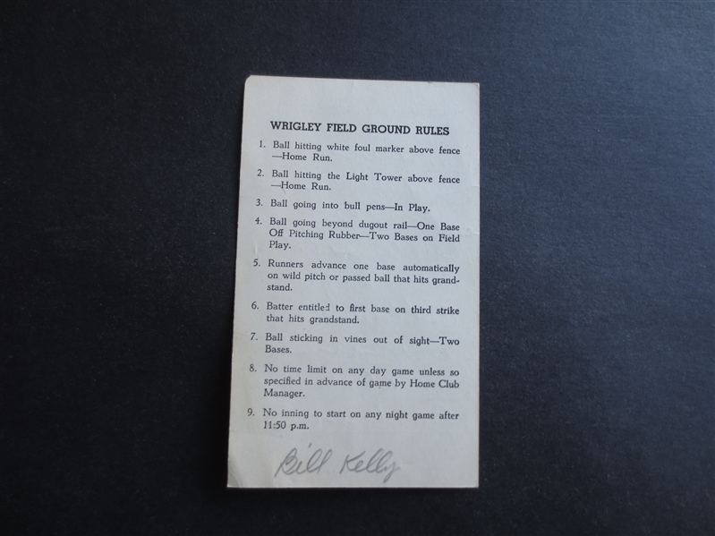 Autographed 1949 Los Angeles Angels PCL Baseball Line Up Card Signed by Manager Bill Kelly