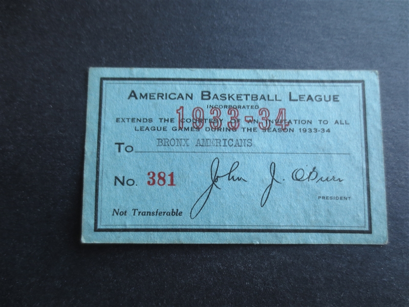 1933-34 Bronx Americans ABL Pro Basketball Season Pass  RARE!