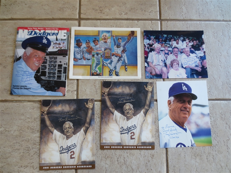 (13) Autographed Tommy Lasorda Los Angeles Dodgers Baseball Items---some are personalized