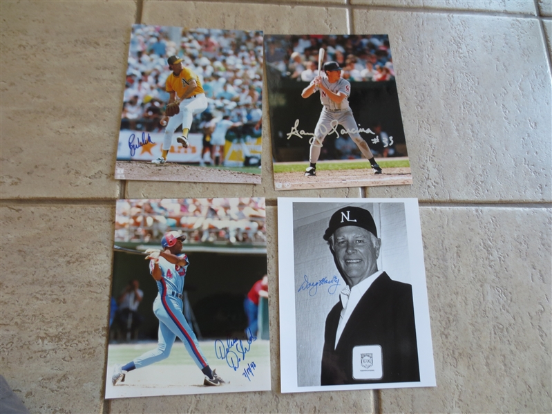 (4) different Major League Baseball Autographed Photos: Umpire Doug Harvey, Bob Welch, DeShields, and D'Sarcina
