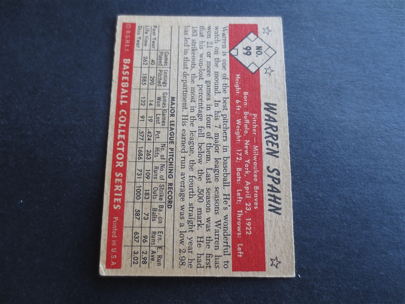 1953 Bowman Color Warren Spahn Baseball Card #99 in Great Shape!