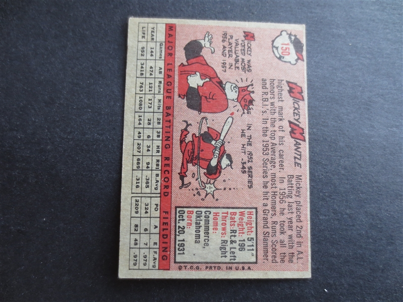 1958 Topps Mickey Mantle Baseball Card #150 in Great Shape!