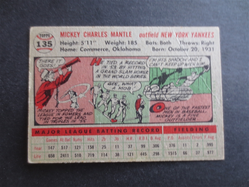 1956 Topps Mickey Mantle Baseball Card #135 in nice shape but I see a light crease